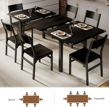 Extendable Modern Walnut Dining Table and Chair Set – 7-Piece Set for 4-8 Persons