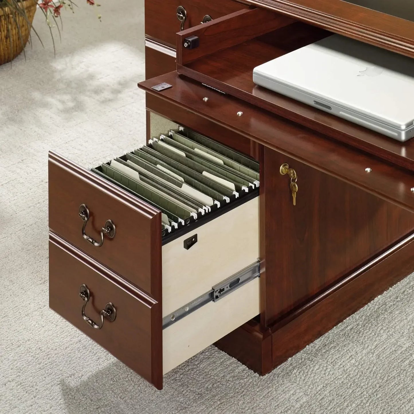 Classic Cherry Executive Desk - Solid Wood with 5 Drawers, Soft-Close, and Locking Features