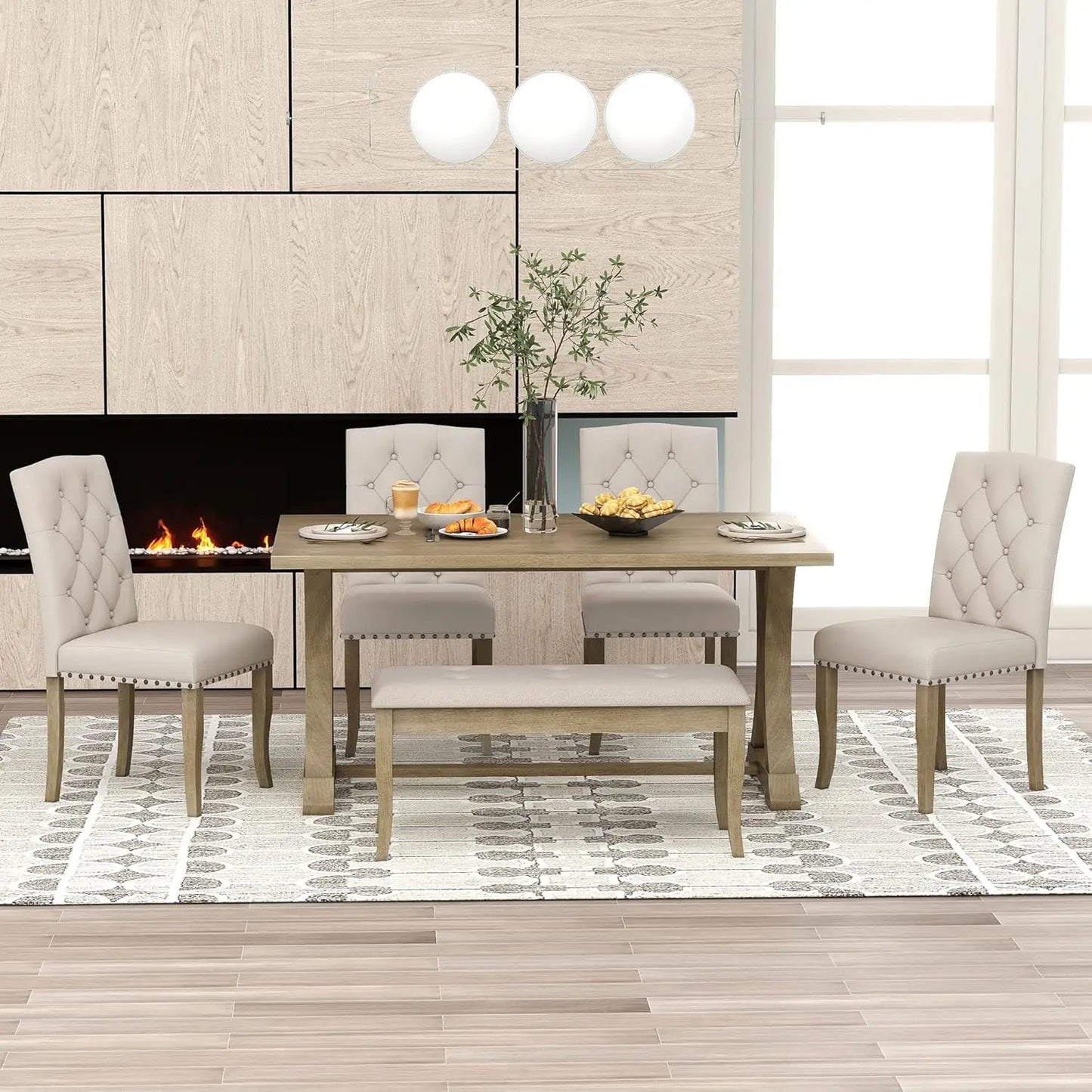 Farmhouse 6-Piece Dining Room Set – Rectangular Trestle Table, 4 Upholstered Chairs & Bench, Kitchen Furniture Set