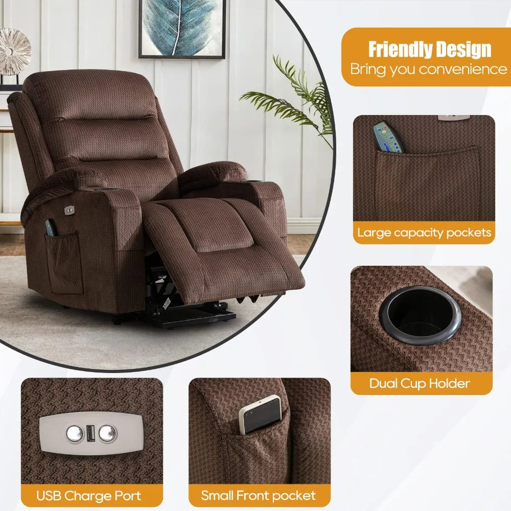 Electric Power Lift Recliner Chair with Full-Body Vibration and Heating for Elderly, USB Charging, Massage Functions, and Cup Holders