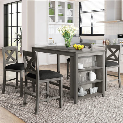 5-Piece Counter Height Rustic Farmhouse Dining Set – Wooden Bar Table with 4 Chairs and Storage Shelf, Gray