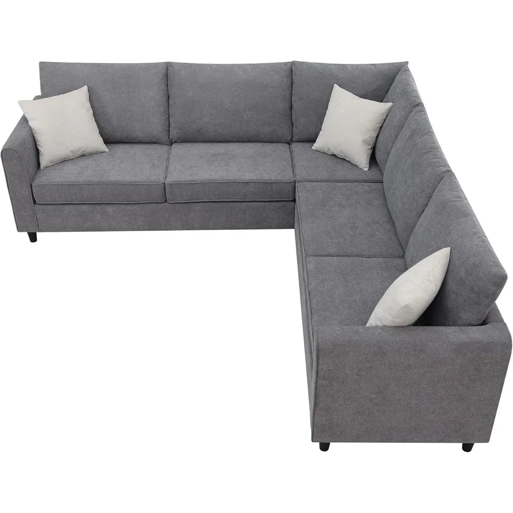 L-Shape Sectional Sofa for Living Room with 3 Pillows, 5-Seater Upholstered Modular Couch Set - Grey