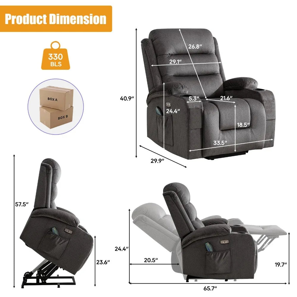 Electric Power Lift Recliner Chair with Full-Body Vibration and Heating for Elderly, USB Charging, Massage Functions, and Cup Holders