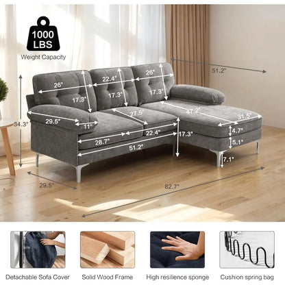 82" Reversible L-Shaped Sectional Sofa – Comfortable Modern 3-Seater Couch with Chaise Lounge, Chenille Fabric, and Easy Assembly