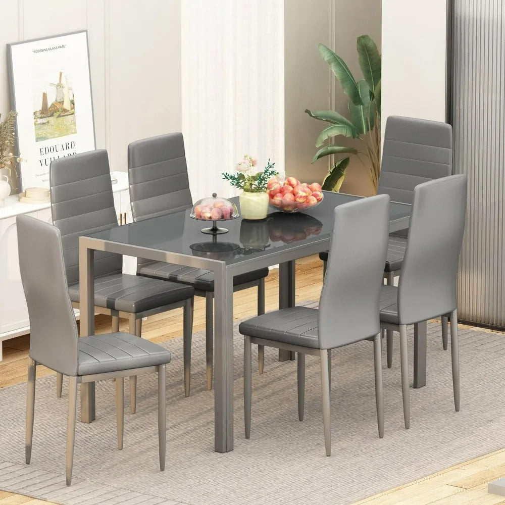 7-Piece Modern Dining Table Set – Rectangular Faux Marble Table with 4 PU Leather Chairs, Space-Saving Design