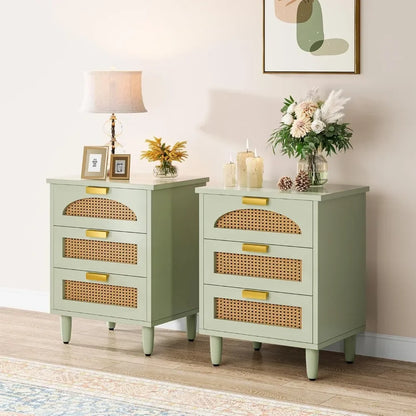 Mint Green Nightstand, 3-Drawer Rattan Night Stand Side Table, Accent Bedside Tables End Table for Bedroom and Small nightstand