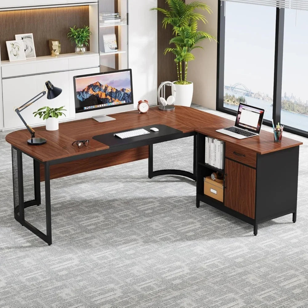 63" L-Shaped Executive Desk with Storage Cabinet – Vintage Walnut Wood Grain Office Desk, Spacious Workstation