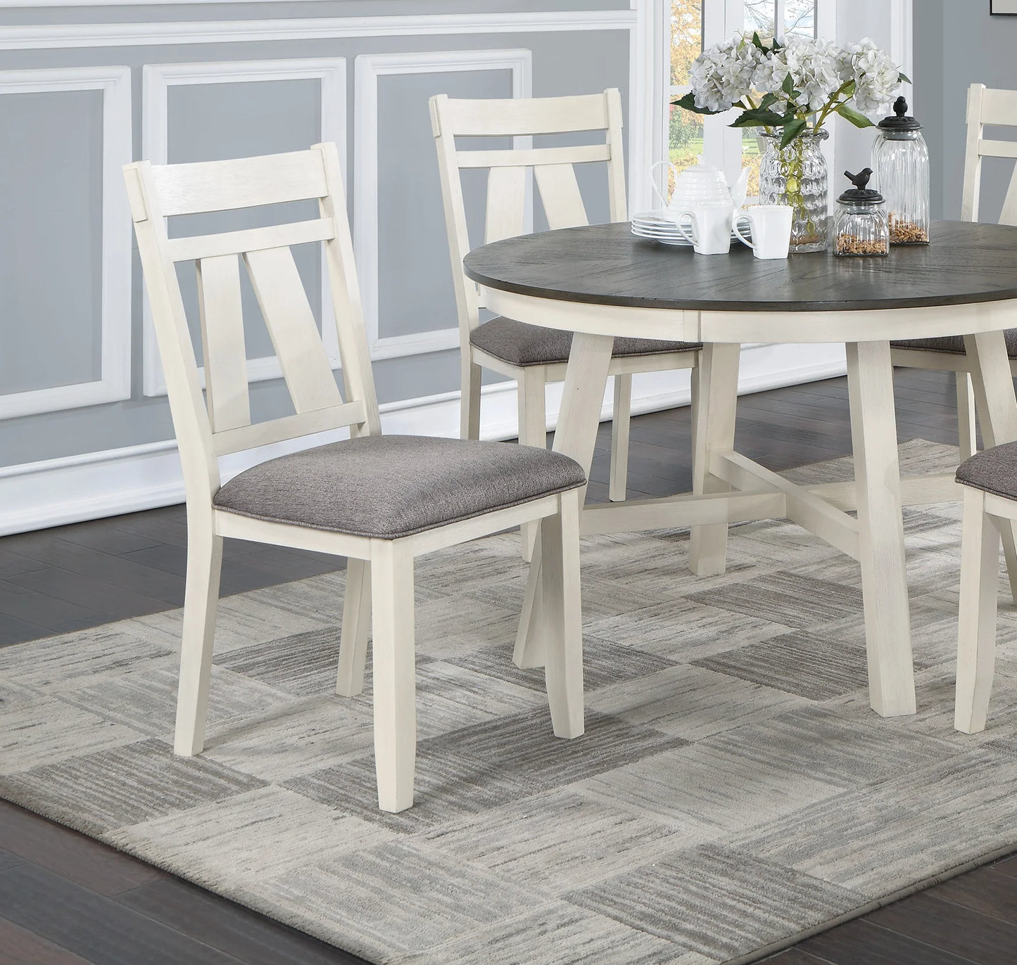 Formal Classic Dining Table and 4 Chair Set with Wooden Table Top and Gray Upholstered Cushions