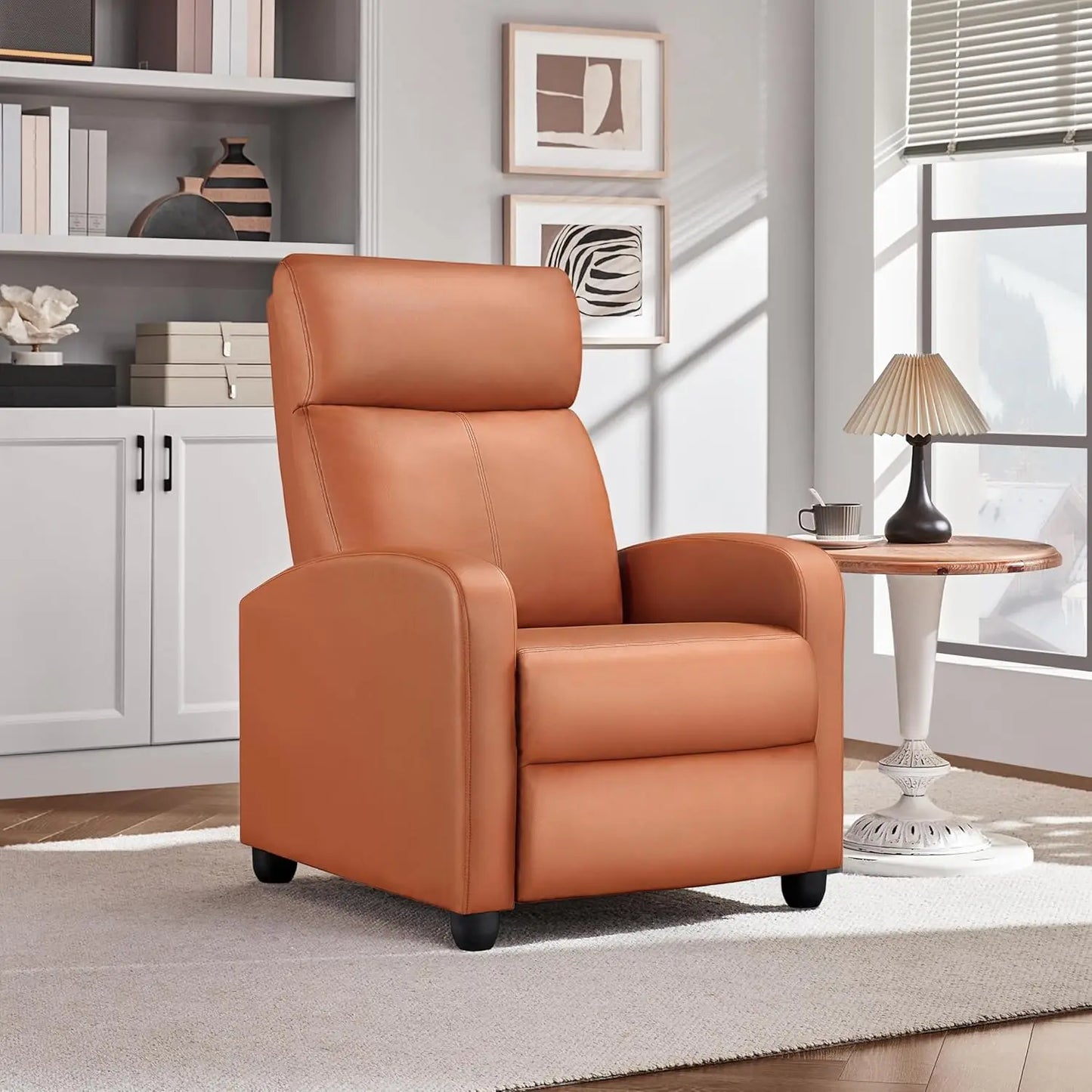 Modern Tan Reclining Chair with Adjustable Footrest and Solid Back