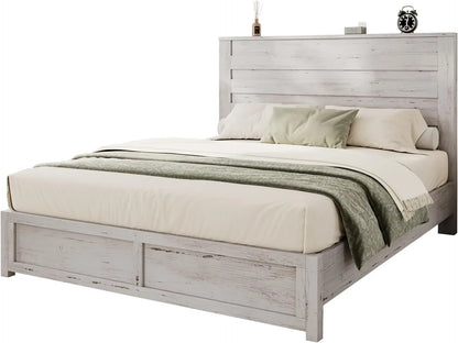 Vintage Farmhouse Bed Frame - Sturdy Platform Design with No Box Spring Needed