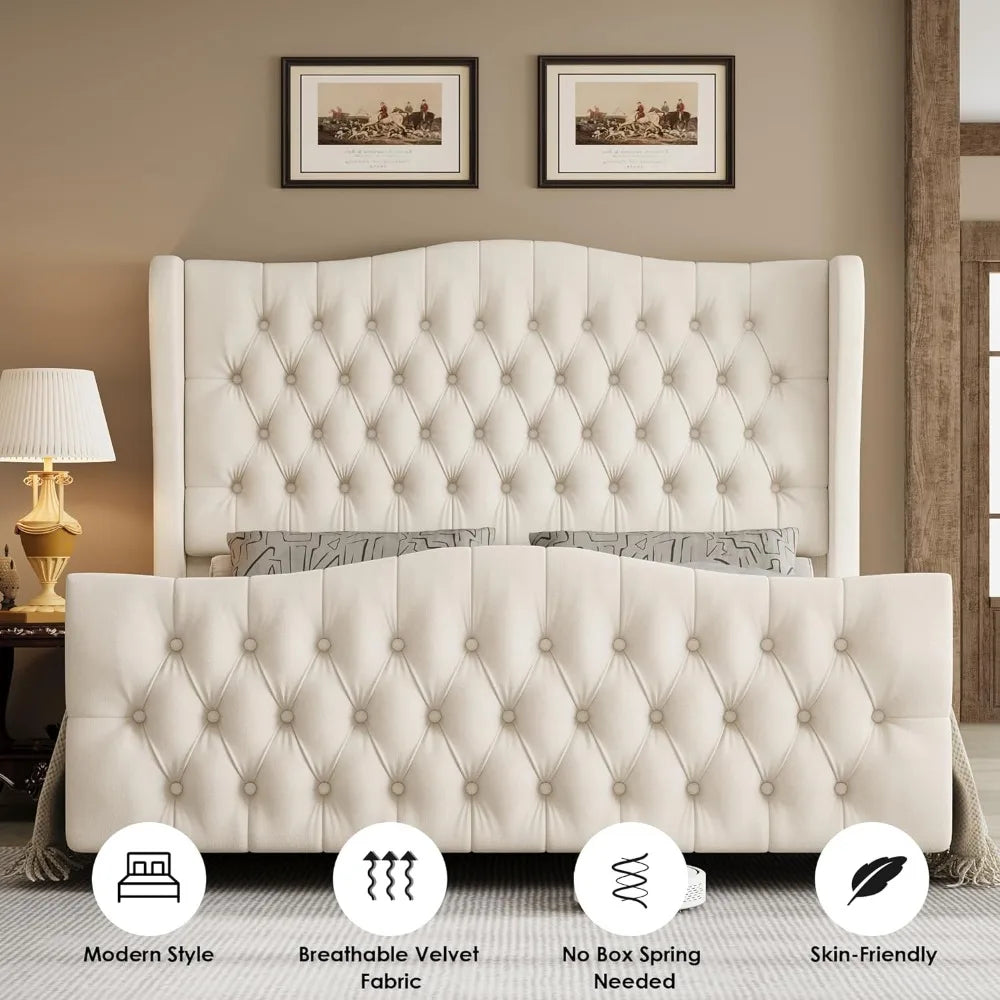 Velvet Upholstered Bed Frame with Wingback Headboard - Available in Full, Queen, and King Sizes