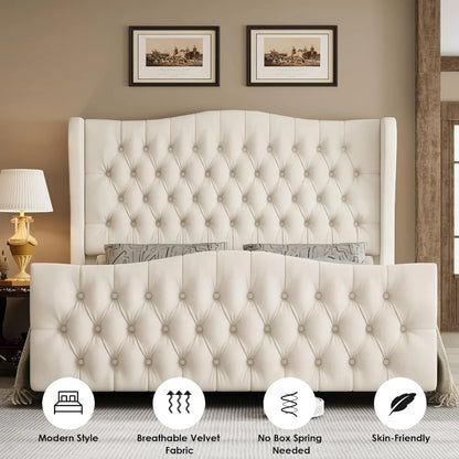 Velvet Upholstered Bed Frame with Wingback Headboard - Available in Full, Queen, and King Sizes
