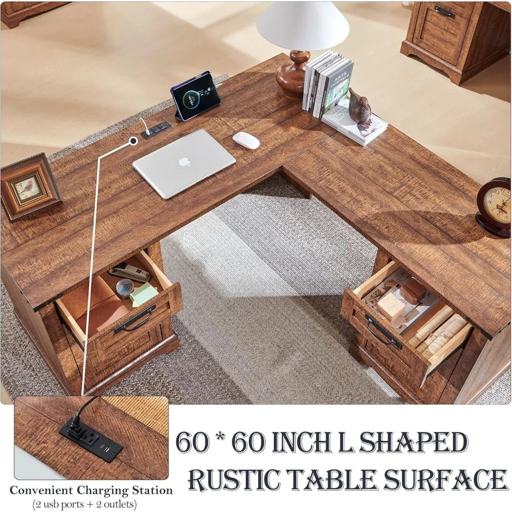 Farmhouse L-Shaped Executive Desk - 60” x 60” Engineered Wood Office Desk with Storage Drawers and File Cabinet