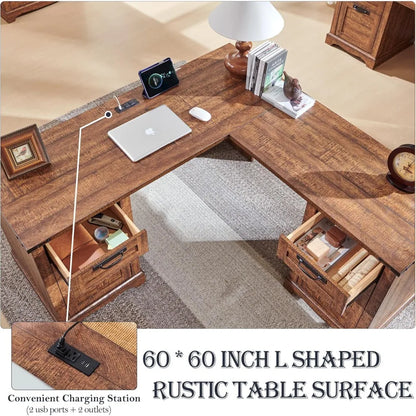Farmhouse L-Shaped Executive Desk - 60” x 60” Engineered Wood Office Desk with Storage Drawers and File Cabinet