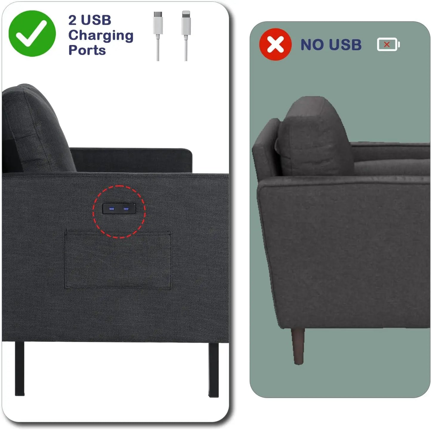 3 Piece Living Room Furniture Sets, 3 Seat Couch and Loveseat with 2 USB, Single Sofa Accent Chair, Modern Small Couches