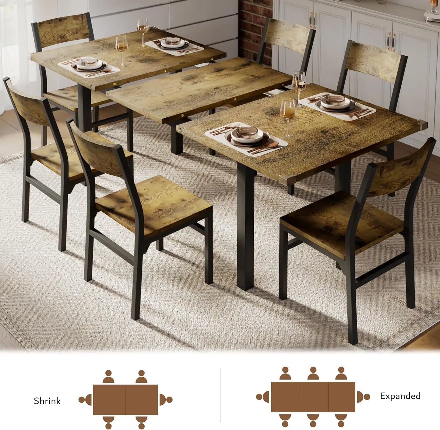 Extendable Modern Walnut Dining Table and Chair Set – 7-Piece Set for 4-8 Persons