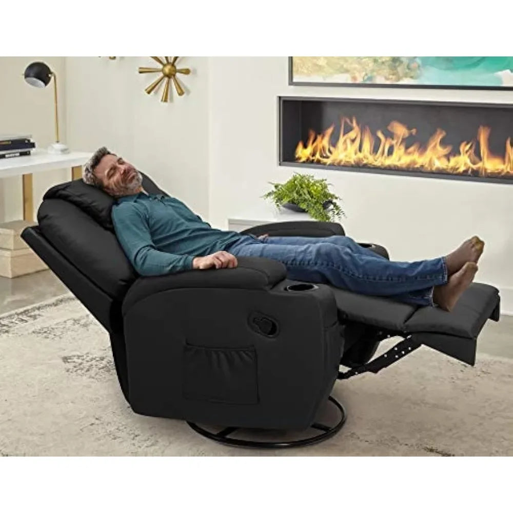 Dark Black Leather Recliner with Cup Holders, Swivel, and Massage Function