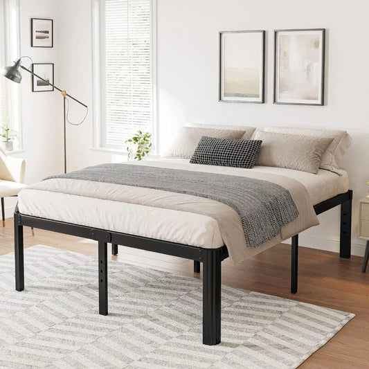 18" High Queen Bed Frame – Heavy-Duty Metal Platform, No Box Spring Needed, with Rounded Corners, Black