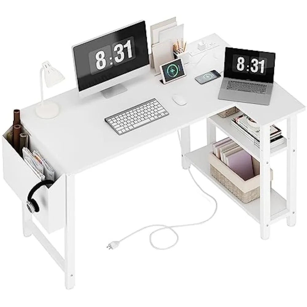Modern L-Shaped Computer Desk with Built-in Power Strip and Storage Shelves – Wooden