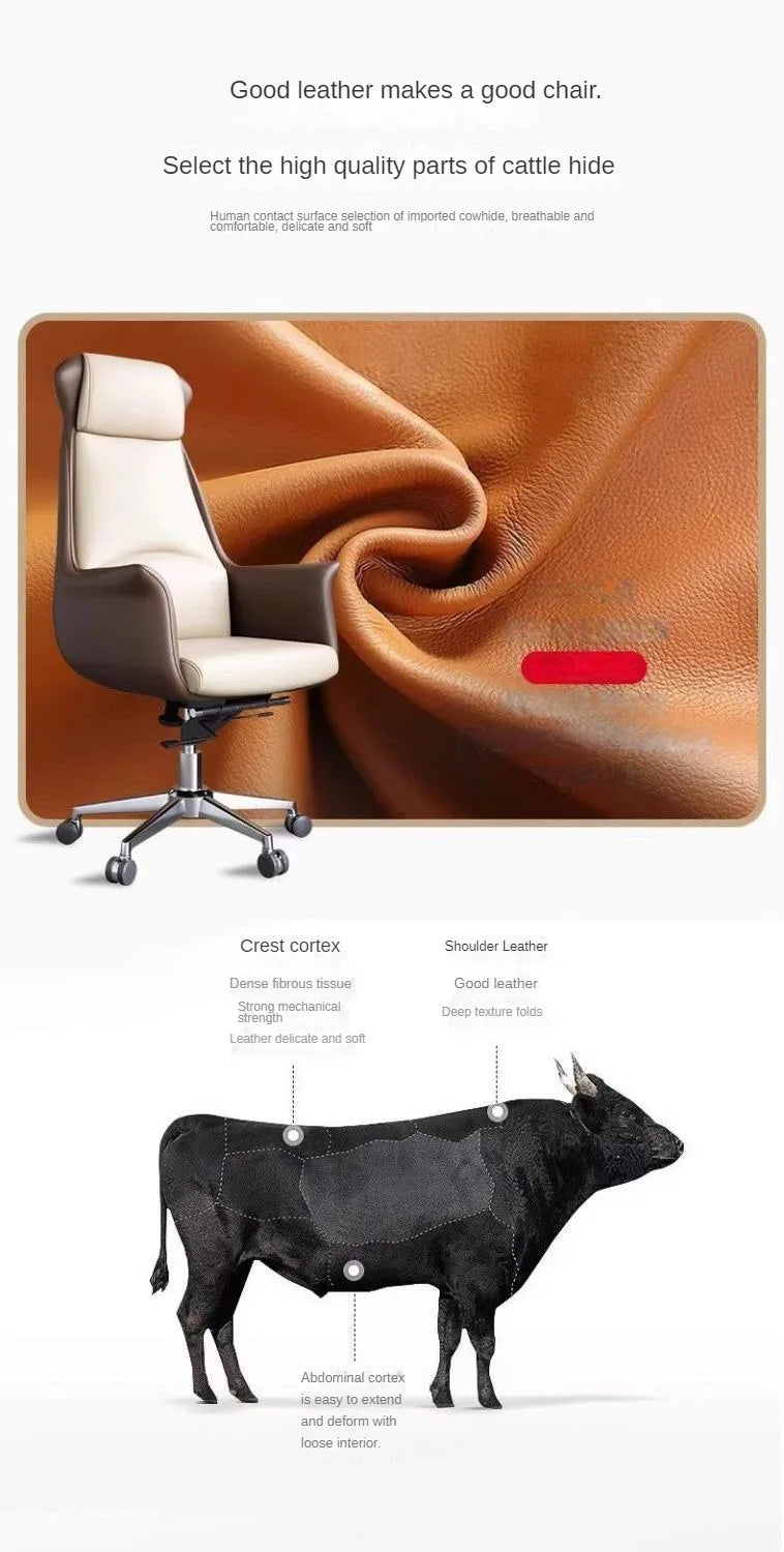 Genuine Leather Executive Office Chair - Adjustable Lift Chair with Armrests and Rollers