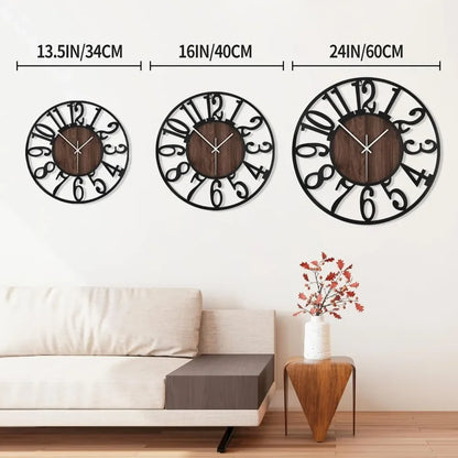 Round Black Metal Wood Wall Clock – 24-Inch Silent Decorative Clock