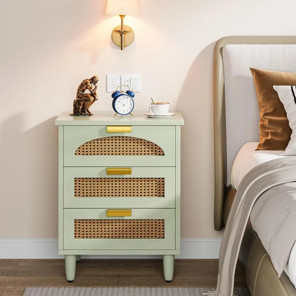 Mint Green Nightstand, 3-Drawer Rattan Night Stand Side Table, Accent Bedside Tables End Table for Bedroom and Small nightstand