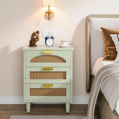 Mint Green Nightstand, 3-Drawer Rattan Night Stand Side Table, Accent Bedside Tables End Table for Bedroom and Small nightstand