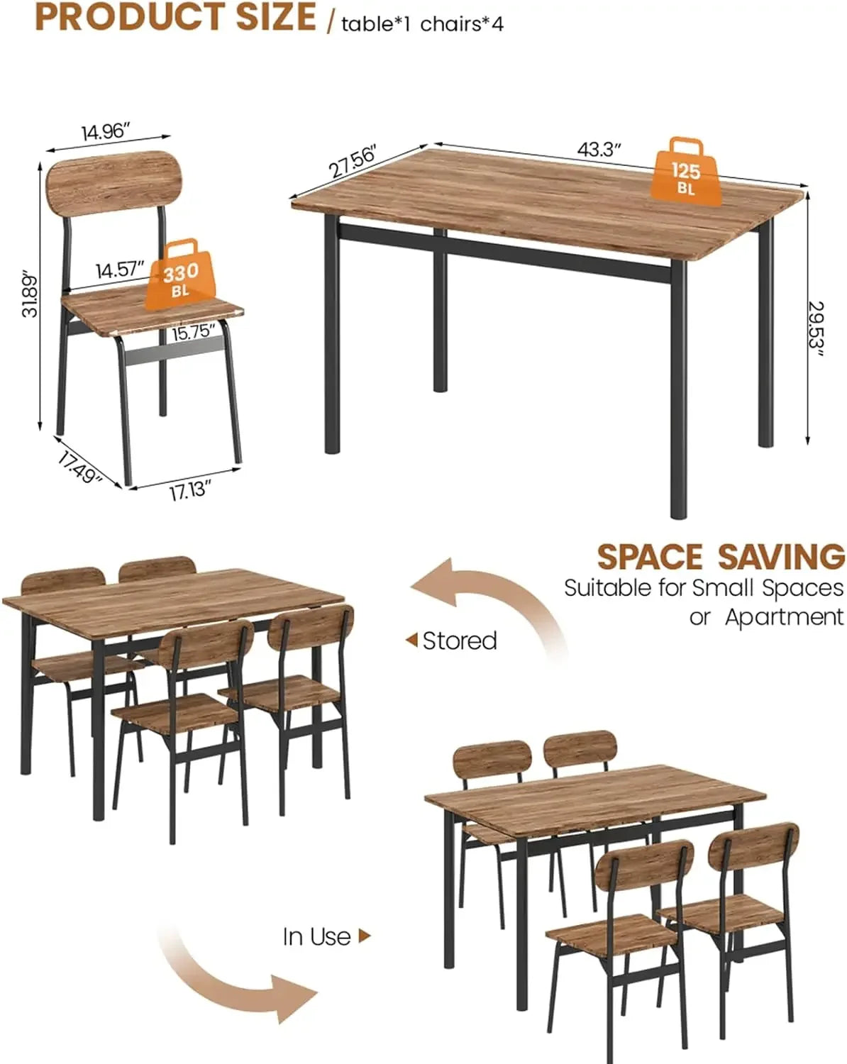 Kitchen Dining Table Set for 4, Modern Rectangular 5 Piece Dining Room Table and Chairs Set, Brown wooden Metal Table Set