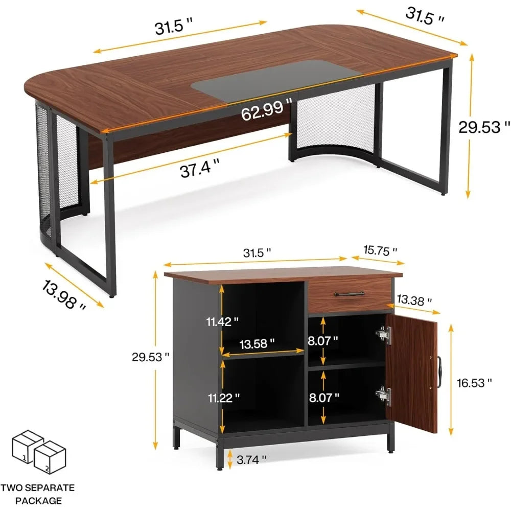 63" L-Shaped Executive Desk with Storage Cabinet – Vintage Walnut Wood Grain Office Desk, Spacious Workstation