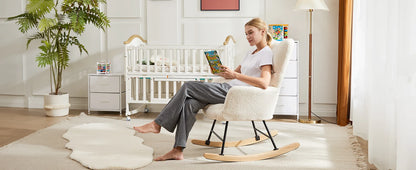 Ergonomic High-Back Papasan Rocking Chair with Wooden Legs and Soft Fabric Cushion