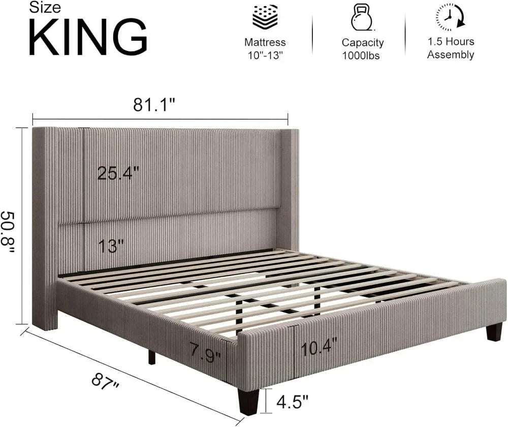 Classic Style Queen Bed Frame with Winged Headboard - Elegant Upholstery and Solid Wood Legs