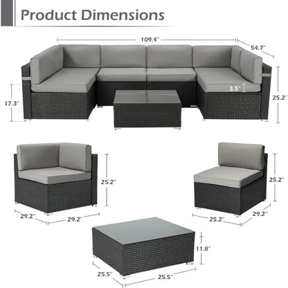 7-Piece Outdoor Patio Furniture Set – Modern Wicker Sectional Sofa with Glass Table