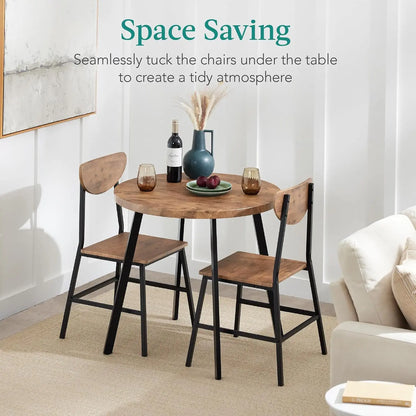 Mid-Century Modern 2-Person Dining Set – Round Wooden Table with Metal Legs and 2 Chairs, Space-Saving Design for Small Spaces