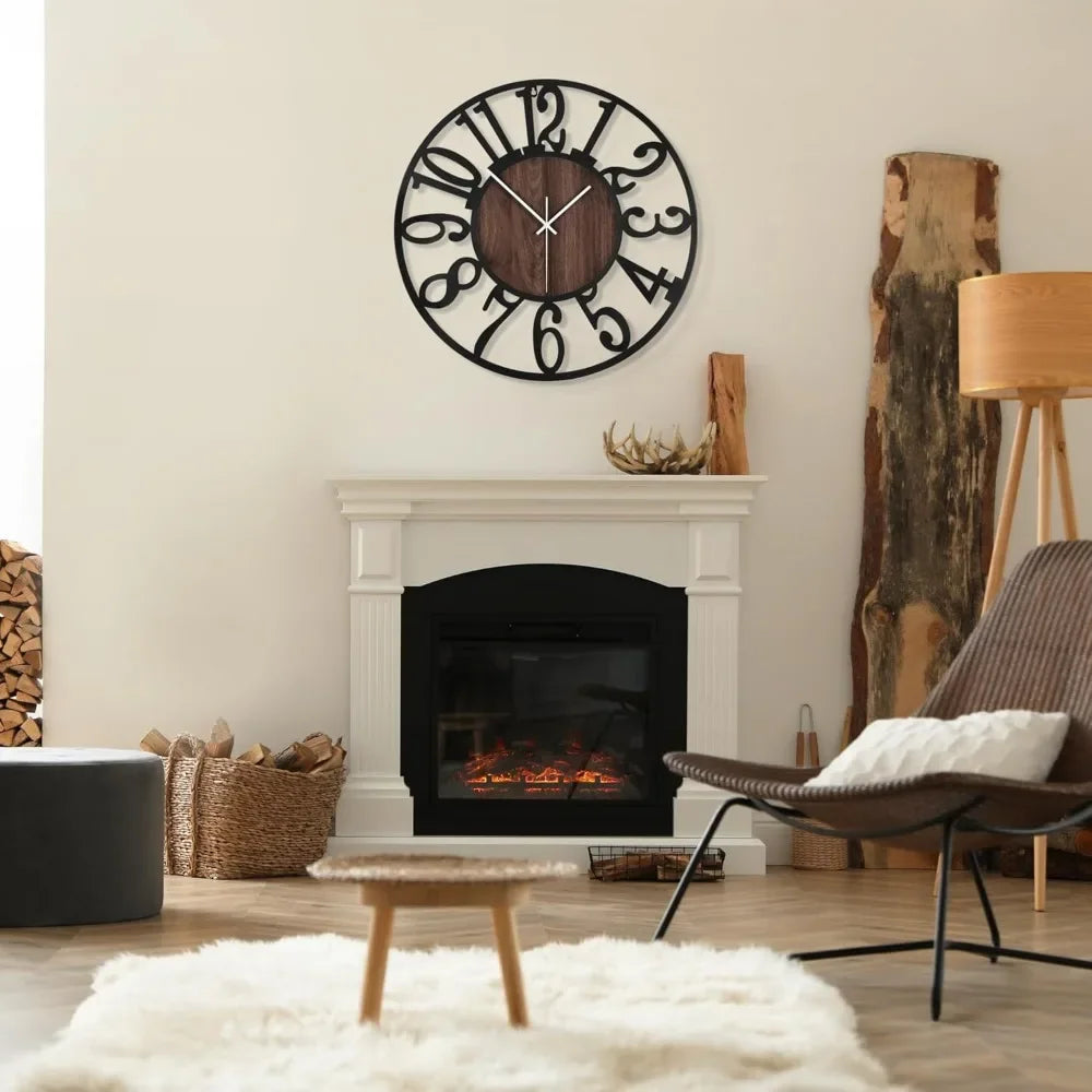 Round Black Metal Wood Wall Clock – 24-Inch Silent Decorative Clock