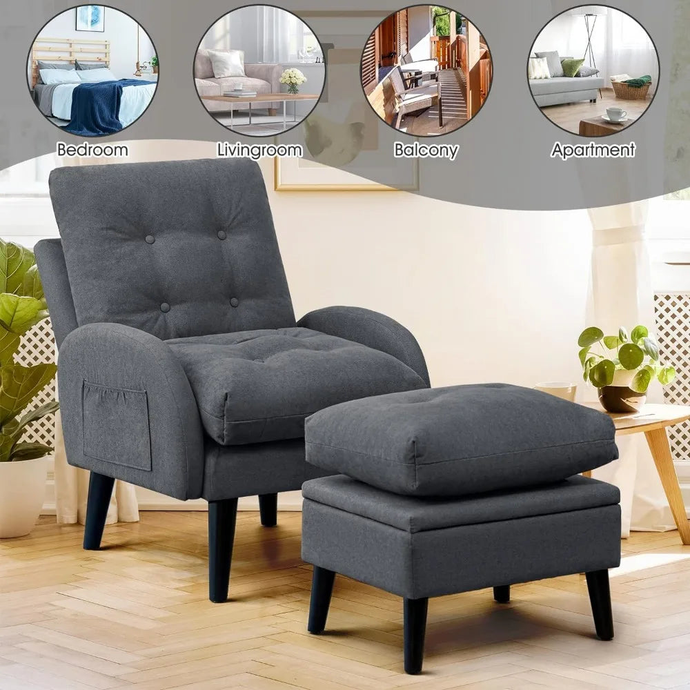 Grey Wingback Accent Chair with Ottoman, 5-Position Adjustable Backrest, Storage Ottoman, Solid Wood Frame, Modern Lounge Chair for Living Room, Office, or Bedroom