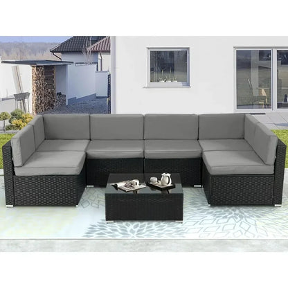 7-Piece Outdoor Patio Furniture Set – Modern Wicker Sectional Sofa with Glass Table