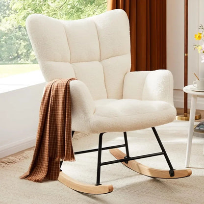 Ergonomic High-Back Papasan Rocking Chair with Wooden Legs and Soft Fabric Cushion