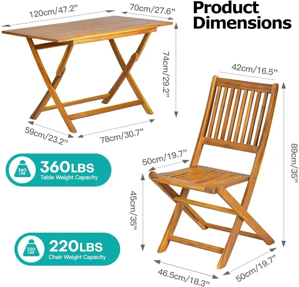 5-Piece Foldable Acacia Wood Patio Dining Set – Outdoor Rectangular Table and 4 Chairs, Minimalist Modern Style