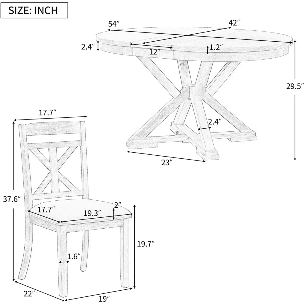 Extendable Round Dining Table Set for 4-6, 5-Piece Solid Wood Dining Set with 12-Inch Leaf