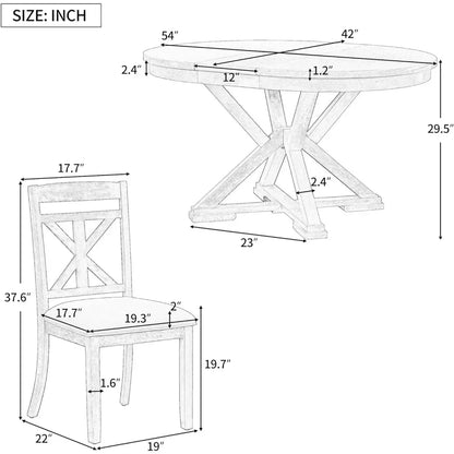 Extendable Round Dining Table Set for 4-6, 5-Piece Solid Wood Dining Set with 12-Inch Leaf