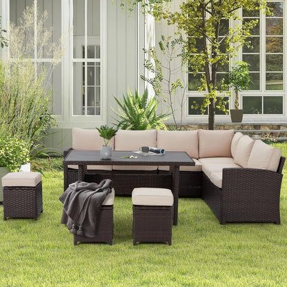 7-Piece Rattan Patio Furniture Set – Outdoor Sectional with Dining Table, Cushions, and Non-Slip Foot Pads