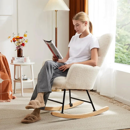 Ergonomic High-Back Papasan Rocking Chair with Wooden Legs and Soft Fabric Cushion