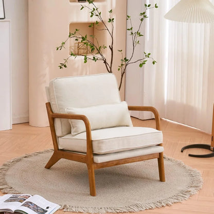 Mid-Century Modern Accent Chair – Leisure Chair with Curved Arms, Flared Legs, and Solid Wood Frame, Beige Fabric Upholstery, 32.3" x 25.6" x 29.5", Ideal for Living Room, Bedroom, or Porch