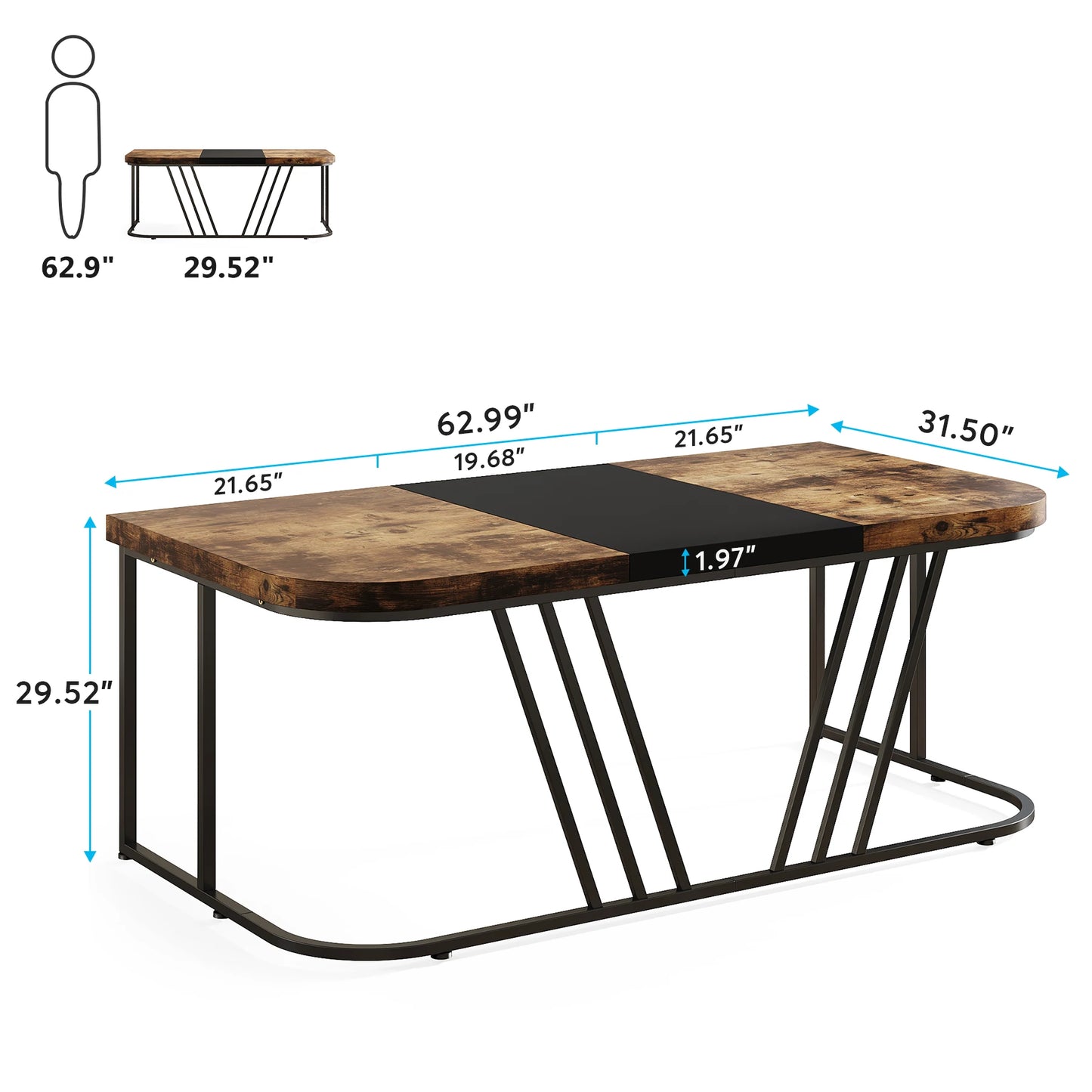 63-Inch Industrial Office Desk with Thickened Wood Top and Metal Base