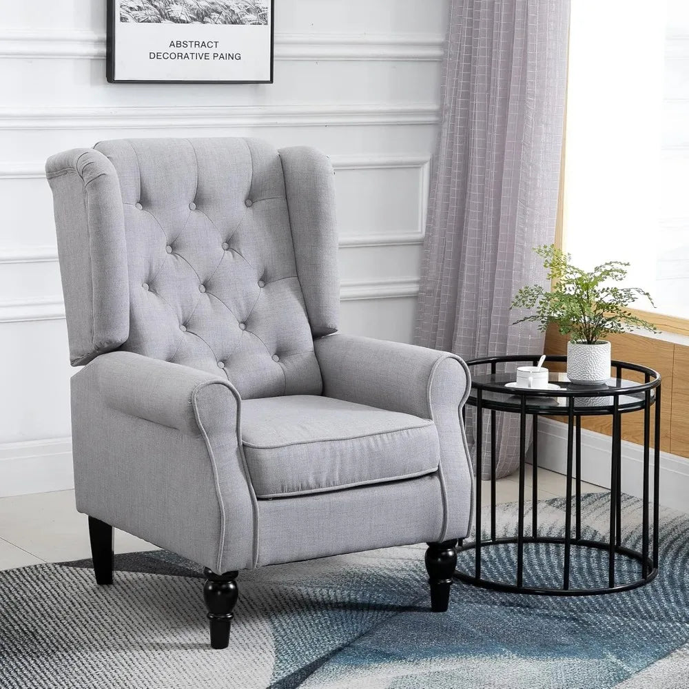 Modern Minimalist Grey Accent Chair with Button Tufted Back – Solid Wood Frame and Padded Comfort