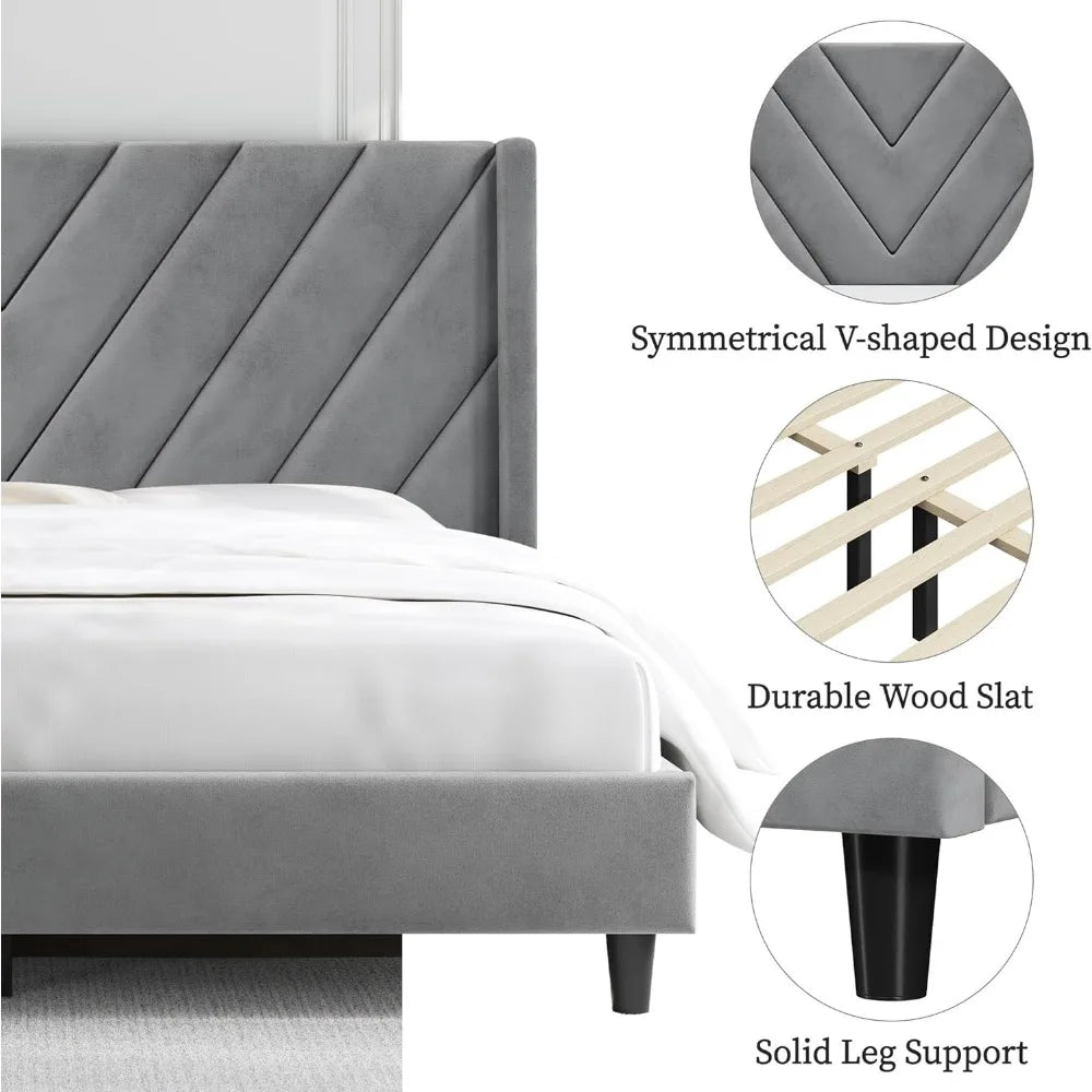 Velvet Upholstered Platform Bed with Wing Side Design – Sturdy, Squeak Resistant Frame, Foam-Padded Headboard, No Box Spring Needed