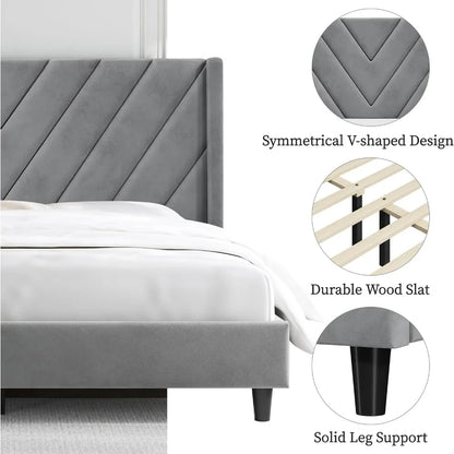 Velvet Upholstered Platform Bed with Wing Side Design – Sturdy, Squeak Resistant Frame, Foam-Padded Headboard, No Box Spring Needed