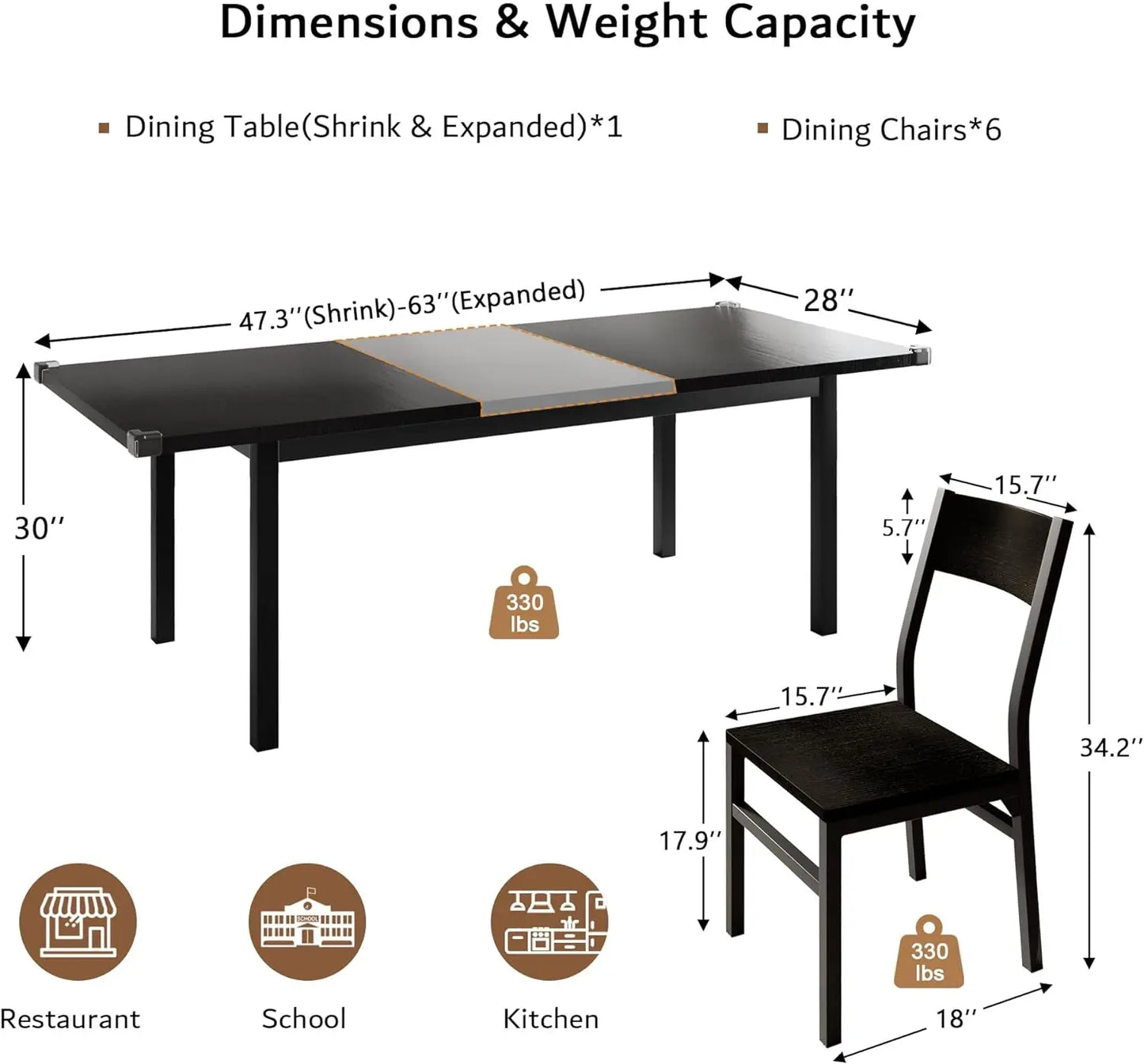 Extendable Modern Walnut Dining Table and Chair Set – 7-Piece Set for 4-8 Persons