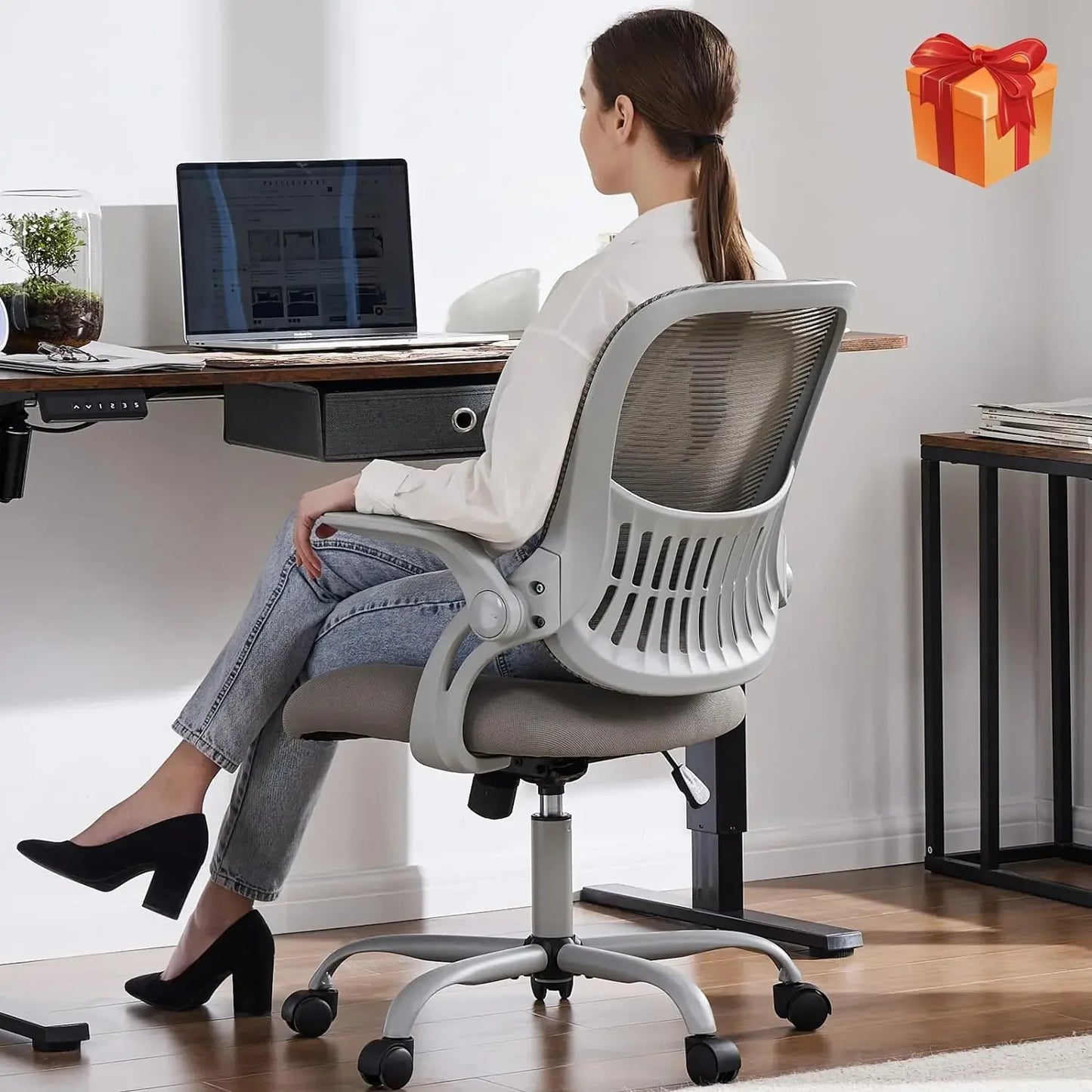 Ergonomic Grey Office Chair - Lumbar Support with Flip-Up Armrests