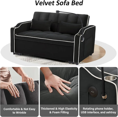 3-in-1 Velvet Sleeper Sofa – Convertible Loveseat with Pull-Out Bed, USB Port, and Ashtray